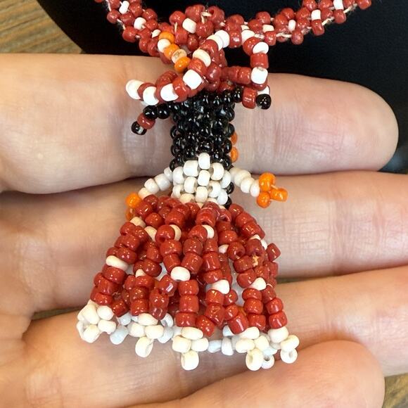 Vintage Mexican Pendant Necklace Red White Folk Art Beadwork Ethnic Jewelry 24" - Picture 7 of 9